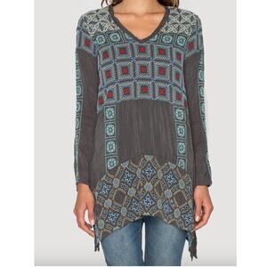 Johnny Was Embroidered Cupro Tunic Top Oversized Gray Small